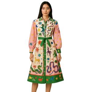 Women's Multicolor Graphic Long Balloon Sleeve Belted Maxi Shirt Dress Size XXL